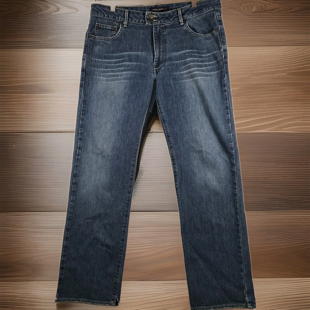 Y2K American Eagle Jeans Mens 33x32 Low Rise Straight Leg Whiskered Denim